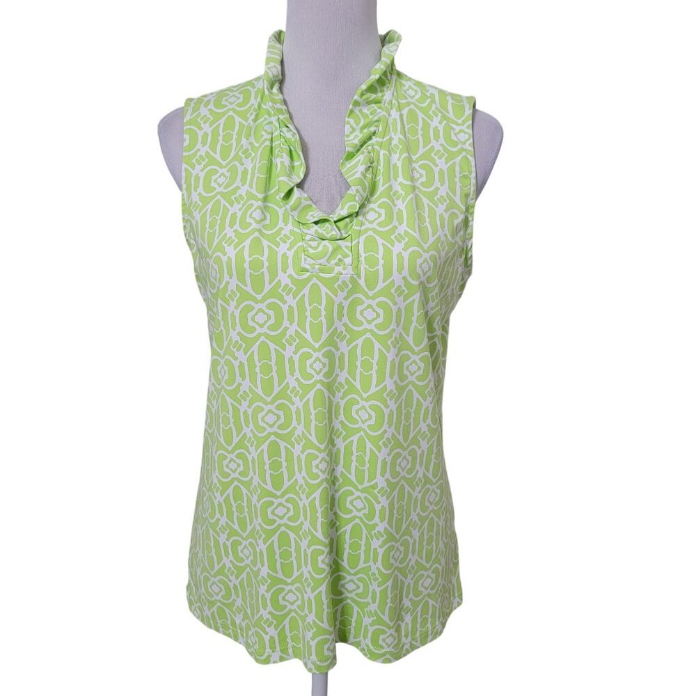 Sunsets & Sweet Tea Size M Lime Green & White Ruffled Neckline Sleeveless Top
